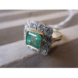 18ct Yellow gold square emerald and diamond cluster ring