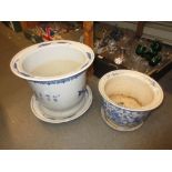 Large modern oriental porcelain jardiniere and drip tray decorated in underglaze blue and white