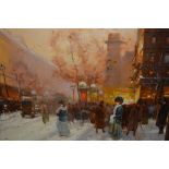 20th Century oil on board, figures in a snow covered Parisian street, 17ins x 21ins