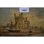 Small 19th Century painting on panel (possibly paper mache or slate), moored boats before a