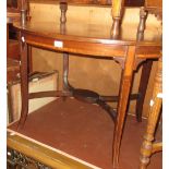 Edwardian mahogany satinwood crossbanded and inlaid oval occasional table on square splay supports