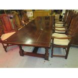 Good quality reproduction oak dining room suite comprising: large refectory style table with a thick