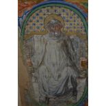 Late Medieval painted illumination highlighted with gold, seated religious figure with figures at