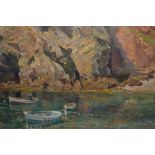 Oil on board, rocky coastal inlet, with fisherman and boats, inscribed verso ' Briante ', 14.5ins