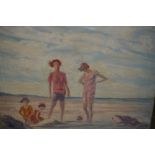 Early 20th Century oil on canvas, beach scene with two young ladies and children, 20ins x 24ins