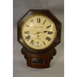 19th Century rosewood boxwood line inlaid octagonal drop dial wall clock, the painted 12in dial with