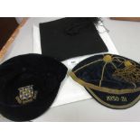 Two velvet rowing caps, 1930 and 1931 together with a school master's mortar board hat with tassel