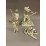 Lladro figure of Harlequin seated, playing a musical instrument, together with three other various