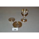 Silver three piece travelling communion set Some very small dents, one to rim of platter,