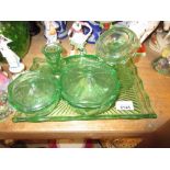 Art Deco green moulded glass dressing table set