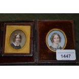 19th Century watercolour portrait miniature of Mrs George Elgar Hicks, in a leather travelling case,