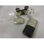 Schweppes hip flask, pair of opera glasses, another hip flask and a Victorian silver topped and