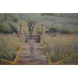 Early 20th Century oil on board, garden scene with statue, 12ins x 18ins