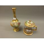 Floral decorated stoneware and gilt metal mounted pedestal vase and a Thai covered cup and saucer