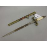 Small 19th Century dagger / sidearm with a bone grip and brass hilt, in a brass mounted leather
