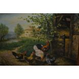 Late 20th Century oil on board, chickens before a barn, signed A.L. Fevri, 8ins x 10ins, gilt framed
