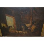 19th Century oil on canvas, stable interior with figures, horses and dogs, 24ins x 30ins Heavy