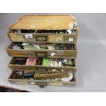 Mid 20th Century four drawer sewing box containing a collection of various sewing related items