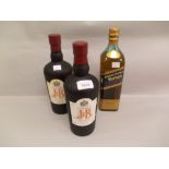 Two bottles J. and B. 128 whisky together with three bottles Johnnie Walker Blue Label whisky