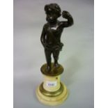 19th Century French patinated bronze figure of a cherub on gilt metal mounted and marble circular
