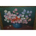 Oil on board, sweet peas in a blue bowl, signed Arthur Bateman, 15.5ins x 19.5ins