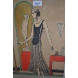 Four 1920's watercolour and gilt study of elegant ladies, two signed Hube with text below, another