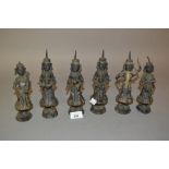 Set of six oriental white metal figures of musicians and dancers