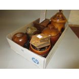 Collection of various Treenware items including a cigarette box, a Japanese inlaid table and
