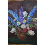 Arthur Bateman signed oil on canvas, mixed summer flowers in a terracotta bowl, 24ins x 20ins