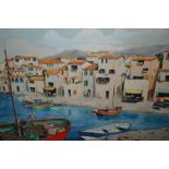20th Century Continental oil on canvas board of a harbour scene with moored boats and figures,