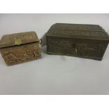 Small rectangular bronzed metal casket together with a smaller metal casket relief moulded with