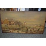 19th Century oil on panel of a Dutch winter village scene with frozen waterway and figures,