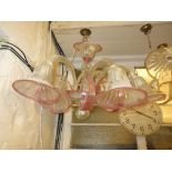 20th Century Murano type pink and clear glass five branch chandelier, stamped with initials G.B.