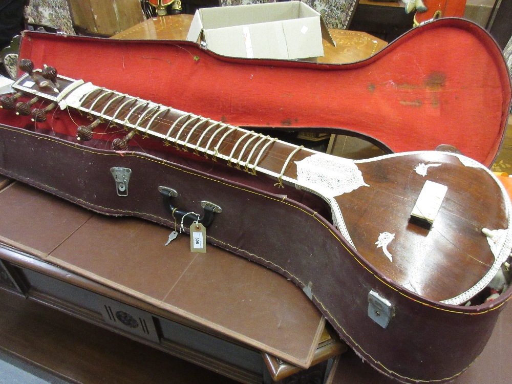 Large cased 20th Century Indian sitar