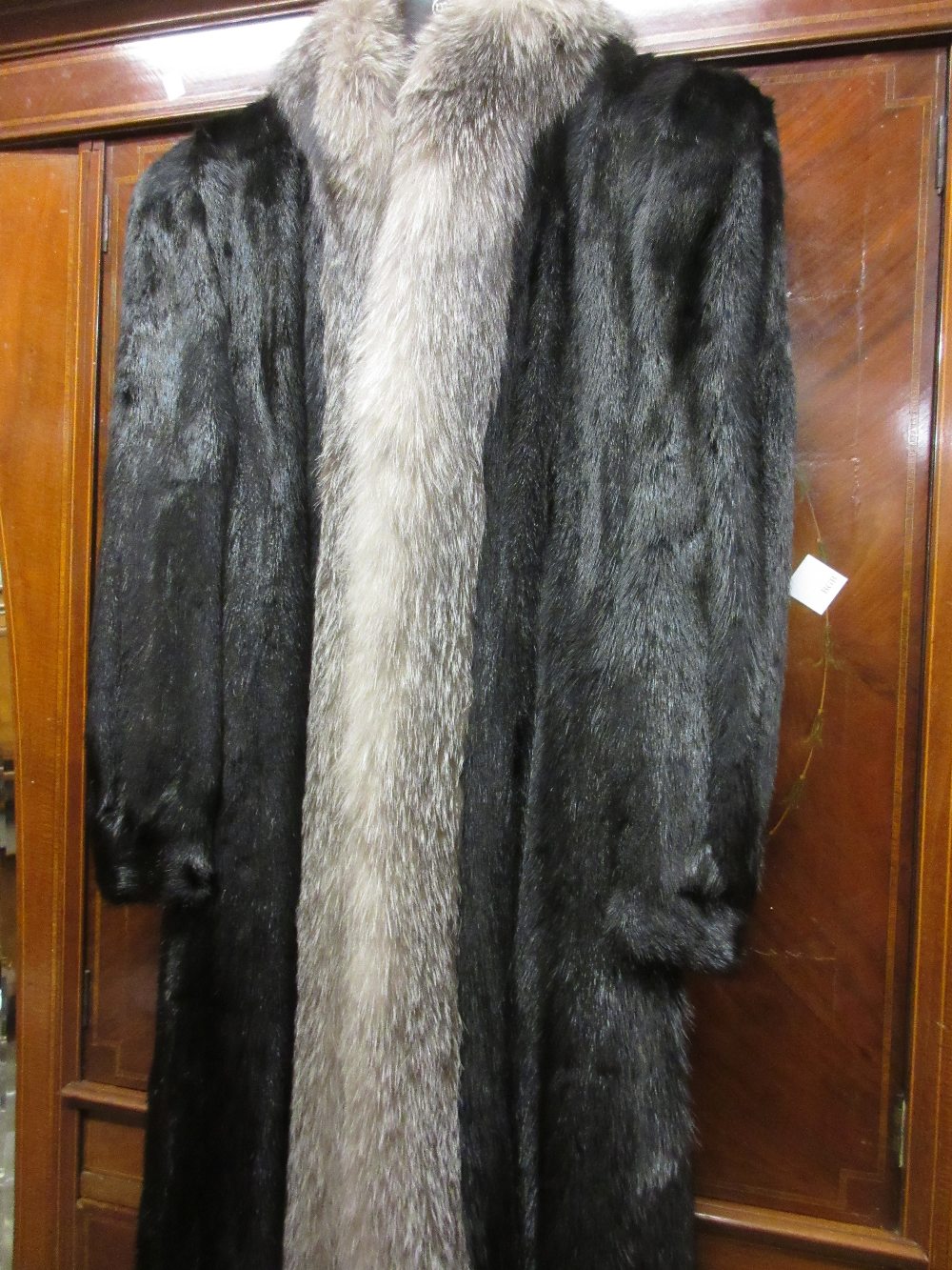 Ladies three quarter length dark brown fur coat with fox fur trim 60cm from underarm