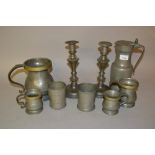 Antique pewter tappit hen, pair of pewter candlesticks together with a quantity of various pewter