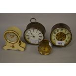 Two small 19th Century brass cased drum clocks, together with two alarm clocks