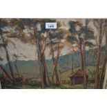 Ronald Ossory Dunlop R.A, watercolour and charcoal, wooded landscape with a wooden hut, signed,