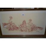 William Russell Flint, artist signed sepia print, study of three ladies, 12ins x 23ins