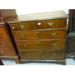 Early 18th Century walnut chest, the crossbanded and moulded top above two short and three long