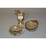 20th Century Sheffield silver helmet shaped cream jug, pair of silver shell form butter dishes,