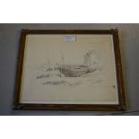 Early 19th Century pencil sketch of a beached boat with figures and a framed engraving of Bristol