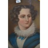 19th Century pastel portrait of a lady wearing a ruff collar, blue tunic and ermine in an oval