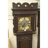 19th Century oak longcase clock having brass and silvered dial with three train weight driven