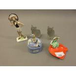 Porcelain bathing girl figure, porcelain lady trinket box, Skegness tray and a pair of glass figures