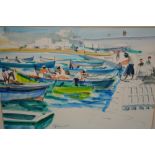 M. D' Aguilar signed watercolour, Continental fishermen and boats, together with an oil of two