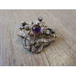 Edwardian Art Nouveau diamond and cabochon amethyst set brooch / pendant