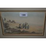 18th / 19th Century watercolour, figures and oxen in a landscape, unsigned, 5ins x 8.5ins, gilt