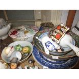 Wedgwood blue Jasperware biscuit barrel with plated cover, two pottery tureens with covers, three