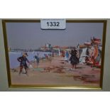 Modern Continental oil on board, beach scene with figures, together with another similar, rural